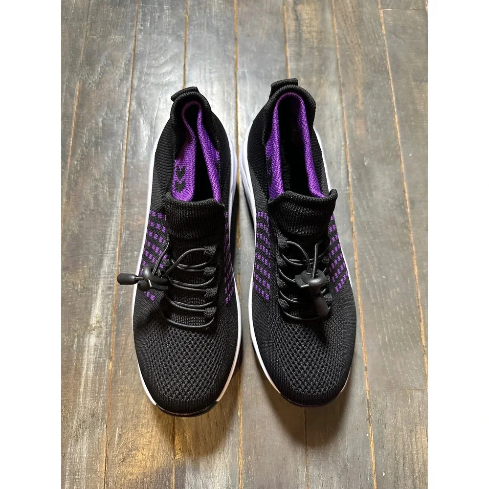 Womens Black Purple Knit Mesh Walking Shoes Bungee‎ Lace Lightweight Sneakers